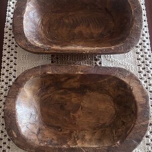 Handcarved Wooden Dough Bowl Pair - Rustic Brown